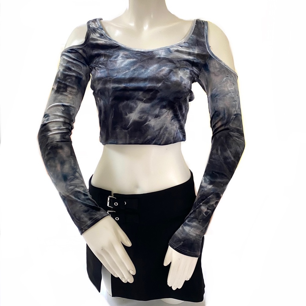 Goth punk Grey blue Tie Dye Psychedelic iridescent velvet Cold Shoulder crop Top